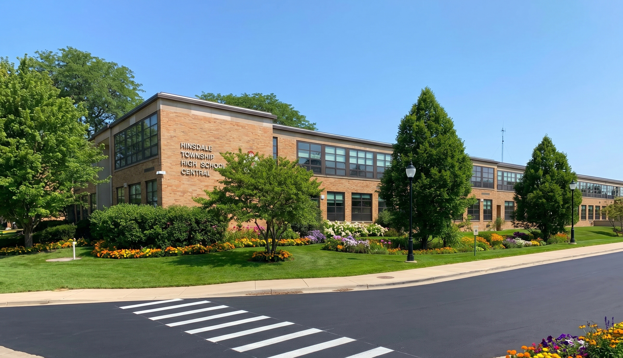 Hinsdale Central High School building, brick and glass facade